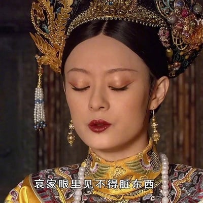 图片为电视剧《甄嬛传》中皇后角色的特写镜头，人物身着华丽的黄色朝服，头戴镶嵌珠宝和凤凰装饰的金色凤冠，耳垂佩戴金色流苏耳环，颈间挂着珍珠项链。角色双眼微闭，红唇紧抿，神情严肃。画面底部配有台词“哀家眼里见不得脏东西”，该台词是皇后表达对厌恶事物的经典表述，常被用于网络语境中表达对不喜欢事物的嫌弃态度。