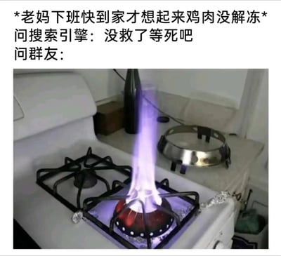 这张梗图通过幽默对比展示了解决生活难题时不同信息来源的差异。上方文字描述了老妈下班快到家才发现鸡肉没解冻的紧急情况，问搜索引擎得到"没救了等死吧"的消极回应，而问群友则用下方燃气灶喷出巨大紫色火焰的夸张图片来暗示群友可能给出的极端解决方案。图片通过夸张的视觉效果和生活化的场景制造笑点，反映了人们在遇到问题时更倾向于向社交群体寻求帮助的现象。