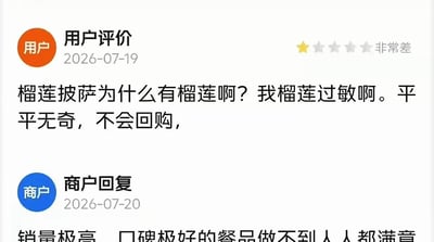 这是一张外卖平台的用户评价截图，画面上方是2026年7月19日用户给出的一星（非常差）评价，评价内容为“榴莲披萨为什么有榴莲啊？我榴莲过敏啊。平平无奇，不会回购”，逻辑荒诞离谱；下方是商户在2026年7月20日的回复，开头内容为“销量极高、口碑极好的餐品做不到人人都满意”，整体内容笑点突出，属于网络热门的离谱差评梗图。