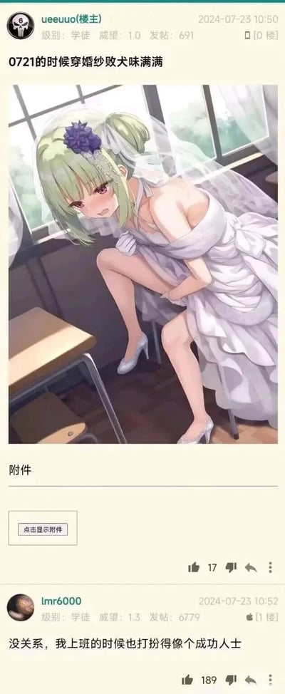 这是一张等级制论坛的帖子截图，楼主ueeuuo发布了一张美少女游戏《千恋*万花》角色丛雨的同人婚纱插画，图中绿发的丛雨身着白色婚纱与银色高跟鞋，局促地坐在教室椅子上，眼眶泛红、神情委屈窘迫，楼主配文称“0721的时候穿婚纱败犬味满满”，用“败犬”形容该形象失意、窘迫的状态；随后用户lmr6000在楼下以高赞回复，以自嘲口吻表示“没关系，我上班的时候也打扮得像个成功人士”，将二次元角色的窘迫感与现实职场中人们“外在伪装、内心不符”的状态联系起来，形成趣味共鸣，戳中了当代人在特定场景下的形象反差与真实心境。