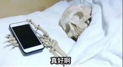 图片中展示了一具骷髅躺在铺有白色床单的床上，其一只 skeletal hand 握着一部黑色智能手机，骷髅头则靠在枕头上。画面底部配有文字“真好啊”。通过骷髅（象征死亡）与日常玩手机动作的反差，结合“真好啊”的配文，形成强烈的讽刺意味，暗讽现代人对手机的过度依赖，即使在象征生命终结的场景下仍放不下手机。