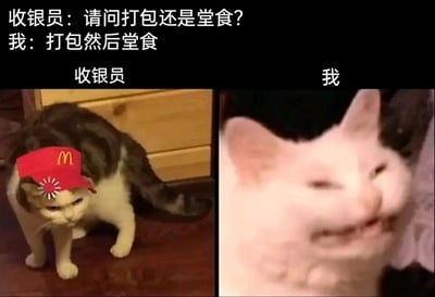 这是一张左右分栏的搞笑静态梗图，上方配有模拟点餐场景的对话文字。左侧是一只被P上麦当劳样式红色帽子的猫咪，对应对话中的“收银员”，它表情疑惑低落，身体局促地站着，生动还原了听到矛盾回答后的困惑状态；右侧是一只表情搞怪、咧嘴坏笑的猫咪，对应对话中的“我”，神态夸张得意，表现出故意整活的心态。对话内容为收银员询问“请问打包还是堂食？”，“我”则回答“打包然后堂食”，这种自相矛盾的回答制造出无厘头的搞笑效果，通过两只猫咪的表情反差放大了场景的趣味性，是网友结合日常点餐场景创作的整活内容。