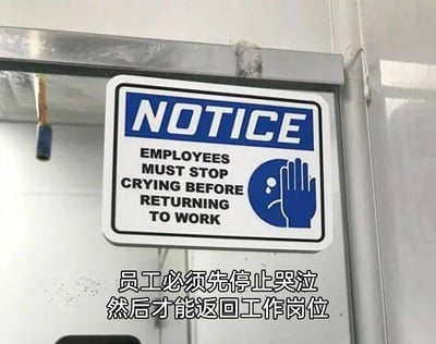 这是一张实拍的职场警示标识图片，标识采用蓝白配色，顶部蓝色区域标注醒目的英文“NOTICE”，下方白色区域的英文内容为“EMPLOYEES MUST STOP CRYING BEFORE RETURNING TO WORK”，右侧搭配蓝色卡通图案：一个面露悲伤、带有泪痕的小人，旁边有一只手掌做出阻止动作。图片底部配有中文翻译“员工必须先停止哭泣然后才能返回工作岗位”。该标识以戏谑的方式，映射出职场中员工可能面临的高压工作环境，暗含对职场压抑氛围的吐槽，容易引发职场人士的共鸣。