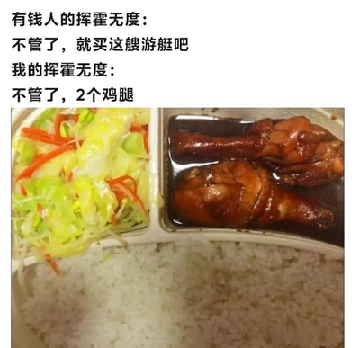 图片上半部分为文字对比，左侧写着“有钱人的挥霍无度：不管了，就买这艘游艇吧”，右侧对应“我的挥霍无度：不管了，2个鸡腿”，通过夸张的贫富消费对比制造幽默效果。下半部分是一张实拍便当照片，包含米饭、炒时蔬（卷心菜、胡萝卜丝等）和两个油亮的卤鸡腿，直观展现“2个鸡腿”的“挥霍”场景，整体风格接地气且充满自嘲式笑点。