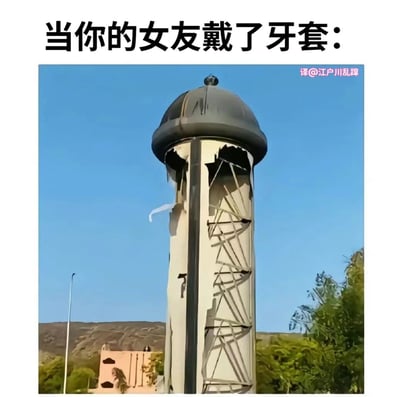 图片上方配有醒目文字“当你的女友戴了牙套：”，下方是一张实拍的塔状建筑照片。该建筑顶部为圆顶结构，下方主体部分有类似支架的镂空设计，整体造型被幽默地用来比喻女友戴牙套后的牙齿状态，通过视觉联想制造出搞笑的对比效果。