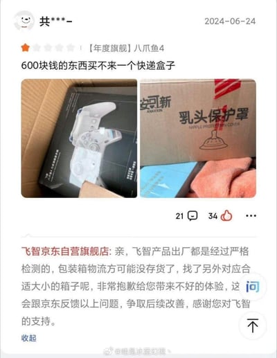 这是京东平台飞智自营旗舰店的买家一星差评截图：用户花费600元购买【年度旗舰】八爪鱼4游戏手柄，收货时发现手柄包装盒被放在印着“安可新 乳头保护罩”的快递箱中，因此吐槽“600块钱的东西买不来一个快递盒子”并给出一星评价。下方附有飞智京东自营旗舰店的回复，解释称是因为原包装箱物流方无存货，选用了尺寸合适的其他箱子，同时致歉并表示会反馈问题争取后续改善。
无谐音梗、双关或暗示内容，为真实的电商包装乌龙引发的用户吐槽。