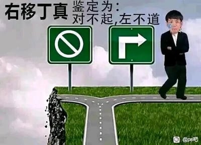这是一张由网友P图改编的网络梗图，画面呈现一个分岔路口，左侧道路断裂无法通行，对应上方的禁止通行交通标志；右侧道路完好可通行，对应向右转弯的交通标志。图中P入了一个穿着黑色西装、面部带有蓝色图案的人物，他双臂交叉抱于胸前站在右侧道路旁。画面顶部配有文字“右移丁真 鉴定为：对不起，左不道”，其中“左不道”是“做不到”的谐音，结合左侧道路无法通行的画面，表达无法选择左路、只能向右的意思，是利用谐音梗制造趣味效果的创作。