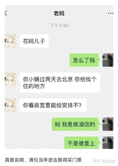 这是一张微信聊天截图，展示了一位母亲提出“亲戚去北京旅游，让儿子安排住故宫”的离谱诉求，儿子无奈地回复“我是做酒店的，不是做皇上”。对话幽默地反映了长辈对儿女职业能力的“高期待”与信息误解，带有强烈的搞笑和吐槽色彩。图下方配有网友的吐槽：“真敢说啊，溥仪当年进去了都得买门票”，引发共鸣和笑点。

图片内容存在谐音梗和夸张化表达：将“安排住的地方”与“安排在故宫”故意混淆，产生幽默效果。
