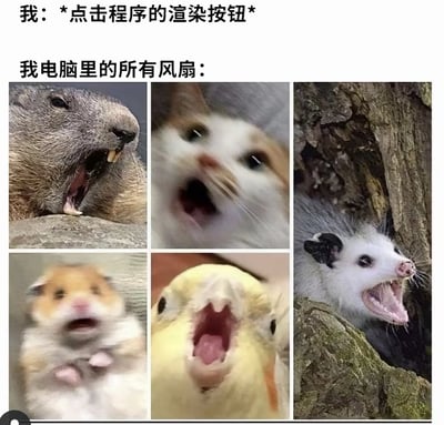 这张梗图通过拼接五张真实拍摄的、张大嘴巴嘶吼大叫的动物图片（土拨鼠、猫咪、负鼠、仓鼠、鹦鹉），搭配情景化文字，模拟了设计师、视频剪辑师等人群点击程序渲染按钮后，电脑因高负载导致风扇全力运转、发出巨大声响的场景，用动物的夸张表情生动调侃了电脑渲染时风扇的疯狂状态，精准戳中相关用户的日常使用痛点，十分接地气。