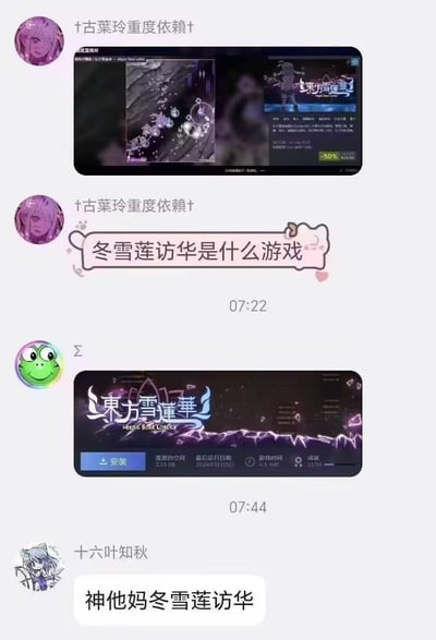 这是一张即时通讯软件的聊天记录截图，共包含四条消息：昵称为「†古葉玲重度依賴†」的用户首先发出Steam商店里东方系列同人游戏《东方雪莲华》的宣传界面截图，紧接着发消息询问「冬雪莲访华是什么游戏」，明显是因字形相近看错了游戏名称；随后头像是绿色青蛙的用户发出Steam库中《东方雪莲华》的安装界面截图作为回应；最后昵称为「十六叶知秋」的用户吐槽「神他妈冬雪莲访华」，调侃提问者的看错行为，整个内容的笑点来自误读产生的谐音梗。