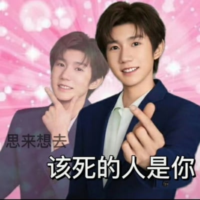 这是一张网友自制的反差感搞怪表情包，以明星王源的公开照片为素材进行P图合成，画面呈现两个王源的形象，背景是粉色闪光效果，左侧王源用手指抵着脸颊，右侧王源手指指向镜头，两人都面带笑容，搭配文字“思来想去 该死的人是你”，用可爱的表情说出狠戾的怼人话语，形成强烈反差，适合在日常聊天中用于吐槽、表达对某人的不满或玩梗。