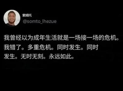 这是一张社交媒体截图，展示了用户蔡姆托（@somto_lhezue）的文字动态。内容以自嘲幽默的口吻吐槽成年生活的真相：原以为是一场接一场的危机，后来发现其实是多重危机同时发生、无时无刻不在。文字通过重复强调“同时发生”，生动表达了成年人面对多重压力的无奈与共鸣。