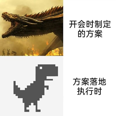 这是一张上下对比的职场吐槽梗图，上方用美剧《权力的游戏》里霸气凶猛、极具威慑力的喷火巨龙，搭配文字“开会时制定的方案”，用来比喻在会议中大家构想的方案宏大、完美、充满冲击力；下方用谷歌Chrome浏览器断网时出现的简陋像素小恐龙，搭配文字“方案落地执行时”，用来讽刺实际执行过程中，方案因为各种因素缩水、变样，效果大打折扣，精准戳中职场人在方案从规划到落地过程中遇到的落差感，引发共鸣。