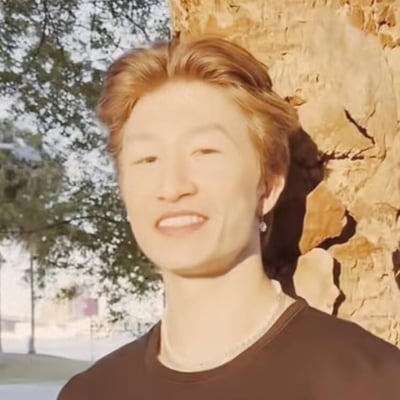 这是一张AI生成的静态人像图片，图中呈现一位浅金色发型的东亚男性，其面部特征与知名演员王宝强高度相似。该男子身着深棕色圆领上衣，脖颈佩戴细款银色项链，耳朵带有耳饰，面带微笑站立在户外的石墙旁，背景可见树木与开阔的室外场地，整体氛围轻松日常，给人一种明星撞脸虚拟素人的趣味观感。