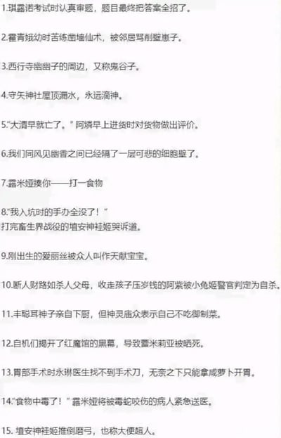 这是一张集合了15条东方Project相关玩梗内容的纯文字图，每条内容都结合东方角色的设定、名字谐音制造搞笑效果：
1. 结合琪露诺“笨蛋9”的笨蛋梗，玩“全招了”的谐音；
2. 霍青娥的凿墙仙术对应“削壁崽子”，谐音“孝子”+ 凿墙的“削壁”；
3. 西行寺幽幽子的周边谐音“鬼谷子”；
4. 守矢神社的“滴神”谐音网络热词“永远滴神”；
5. 阿燐（火焰猫燐）作为运尸的妖怪，用“大清早就亡了”评价货物；
6. 风见幽香是植物妖怪，玩“细胞壁”的梗对应人与人之间的隔膜；
7. 露米娅揍你——猜食物，谐音“卤面揍你”（卤面对应露米娅的谐音）；
8. 増安神袿姬打完畜生界战役后哭诉手办全没，结合其角色设定；
9. 爱丽丝被称“天献宝宝”，谐音“天降宝宝”；
10. 阿紫收走孩子压岁钱被小兔姬判定为自杀，玩“断人财路如杀人父母”的梗；
11. 丰聪耳神子下厨的“御制菜”谐音“预制菜”；
12. 自机揭开红魔馆黑幕，导致怕晒的蕾米莉亚被晒死，结合吸血鬼怕阳光的设定；
13. 八意永琳医生用咸萝卜“开胃”，玩“开胃”和手术的梗；
14. 露米娅把毒蛇咬伤当成食物中毒，结合其笨蛋设定；
15. 増安神袿姬推倒磨弓，谐音“大便超人”（磨弓谐音“魔肛”）。
所有内容均通过中文谐音和东方角色的特性结合，充满沙雕搞笑的二次元风格。