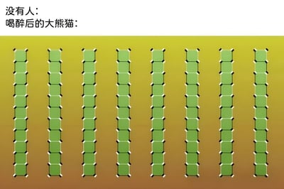 图片上方有两行文字，分别是“没有人：”和“喝醉后的大熊猫：”，形成鲜明对比。下方是黄色渐变背景，上面整齐排列着8列垂直的绿色方块结构，每列由多个绿色正方形通过黑色线条连接而成，整体看起来像规则的网格或梯子状图案，通过文字与图形的结合营造出幽默效果，暗示喝醉后的大熊猫会做出这种整齐排列方块的荒诞行为。