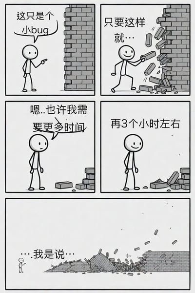 这是一幅讽刺程序员修复bug工作的连环漫画，共分为五个区域：第一格左上，火柴人指着一面完整砖墙，称问题只是一个小bug，表现出最开始对问题的轻视；第二格右上，火柴人动手拆除砖块，认为问题可以轻松解决；第三格左下，拆除部分墙体后，火柴人意识到问题远超预期，表情严肃地表示自己需要更多时间；第四格右下，火柴人重新给出预估，表示还需要三个小时左右；第五格最下方整行，原本完整的砖墙几乎完全崩塌成为废墟，小人站在废墟旁补充道“…我是说…”，暗示原本的小bug已经彻底摧毁了整个项目结构，精准调侃了程序员工作中，小问题牵扯出底层大量积弊，最终导致项目失控的普遍情况。