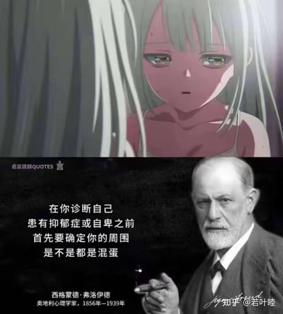 这是一张上下拼接的合成梗图，上半部分是一位神情低落、眼含泪水的浅色长发动画少女，氛围压抑落寞；下半部分是著名心理学家西格蒙德·弗洛伊德的真人形象，配文假借他的名义说出一句扎心的吐槽：“在你诊断自己患有抑郁症或自卑之前，首先要确定你的周围是不是都是混蛋”，用反常规的角度调侃情绪问题的潜在诱因，戳中很多人在糟糕环境中自我怀疑的痛点，引发共鸣。
