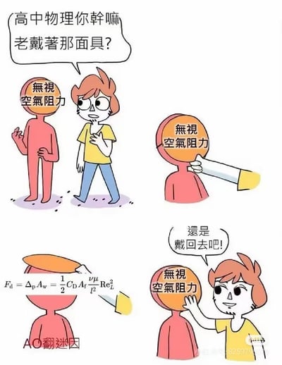 这是一张四格连环卡通梗图，以幽默方式吐槽高中物理问题中常忽略空气阻力的现象。第一格：橙发男子疑惑地问红色角色（头部标有‘无视空气阻力’）‘高中物理你干嘛老戴著那面具？’；第二格：特写红色角色头部的‘无视空气阻力’标签；第三格：橙发男子摘下红色角色的‘面具’，露出复杂的空气阻力计算公式；第四格：橙发男子无奈地说‘還是戴回去吧！’，幽默展现学生面对简化物理模型与真实复杂公式的矛盾心态。