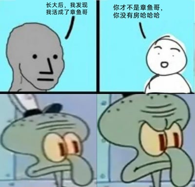 这是一张由四格内容拼接而成的扎心梗图，左上是面无表情的灰色抽象人物，配文表达了“长大后活成章鱼哥”的自嘲，指代像章鱼哥一样对生活倦怠、精神疲惫的状态；右上是白色抽象人物笑着戳破现实，指出“你没有房”的核心差距；左下是动画角色章鱼哥露出惊讶的表情，右下则是章鱼哥变得更加沮丧。该图通过结合网络抽象梗图与《海绵宝宝》的经典角色，用幽默又扎心的方式调侃当代年轻人的生存现状：有着章鱼哥的精神疲惫，却没有章鱼哥拥有房产的“底气”，精准戳中了很多人关于生活压力与现实差距的痛点。