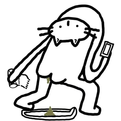 一张黑白简笔画，描绘了一个卡通猫咪形象。猫咪有着圆形的头部，几根简单的胡须，身体较为粗壮。它左手拿着一个杯子，右手举着一部手机，身体微微前倾，下半身靠近地面，地面上有一个盘子，盘子里和猫咪下身处有少量棕色的不明物质。画风简洁可爱，线条粗犷，整体给人一种轻松随意的感觉。