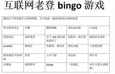 这是一张以“互联网老登bingo游戏”为主题的静态纯文字表格图，整体为横版5x5的布局。顶部是醒目的主题标题，下方配有规则说明：“圈出以下你知道含义的网络梗，五个连成一线说明你是互联网老登”，这里的“老登”是东北方言，指资深的、资历老的人，对应资深网民的身份。表格内收录了25个2000年代至2010年代初期的经典中文网络梗，涵盖了早期论坛流行语、ACG圈子梗、影视鬼畜衍生梗、游戏相关梗等多个类别，比如“打酱油”“Duang”“德国骨科”“查水表”等都是具有时代记忆的老梗。该图通过bingo连线的趣味互动形式，测试用户对早期互联网流行文化的熟悉度，带有浓厚的怀旧氛围，能唤起资深网民的青春回忆，是对早期中文互联网流行文化的一次集中盘点。