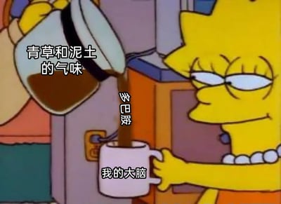 这是一张改编自经典动画《辛普森一家》的创意梗图，画面中的角色是丽莎·辛普森，她眯着眼睛，表情放松又满足，正用杯子承接从容器中倒出的液体。图中的文字标注用拟人的方式构建了一个趣味逻辑：将“青草和泥土的气味”作为来源容器，倒出的液体是“多巴胺”，而承接的杯子则代表“我的大脑”，以此表达当人们闻到雨后青草与泥土混合的清新自然气味时，这种气味会刺激大脑分泌多巴胺，让人产生愉悦、放松的感受，仿佛给大脑补充了能量，精准戳中了许多人偏爱这种自然气味的心理，用幽默的方式诠释了自然气味带来的情绪价值。