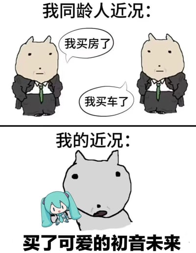该图为上下对比的连环漫画，上方标题“我同龄人近况：”展示两个穿着西装的猫形卡通角色，分别说“我买房了”和“我买车了”；下方标题“我的近况：”则是一个灰色猫形角色旁边站着蓝色双马尾的初音未来，配文“买了可爱的初音未来”。通过幽默对比同龄人达成传统生活里程碑与自己追求兴趣爱好的不同状态，带有自嘲和轻松的调侃意味。