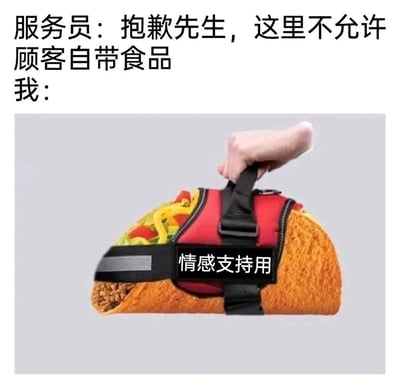 这是一张充满脑洞的搞笑梗图，模拟了餐厅内的对话场景：上方文字呈现服务员的提示‘抱歉先生，这里不允许顾客自带食品’，下方则是顾客的荒诞应对——将一个夹有馅料的墨西哥塔可套上宠物牵引背带，背带上标注‘情感支持用’，模仿国外‘情感支持动物可进入公共场所’的规则，把食物伪装成需要情感陪伴的‘特殊伙伴’，以此规避餐厅禁止自带食品的规定，用反差感制造出强烈的喜剧效果，让人啼笑皆非。
