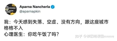 这张图是一则中英文梗图翻译，来源于推特用户Aparna Nancherla。内容是一场关于心理问题的简单对话。图中"我"一方描述了自己情绪上的失落、空虚以及与城市格格不入，心理医生则一语反问“你吃午饭了吗？”。通过严肃的心理困扰与生活细节（吃饭）的幽默撞击，展现了现代生活中常见的心理健康与基本需求容易被忽略的现象，也让人感受到一点“鸡汤”，提醒大家关心自己的基础生理需求。存在一定的冷幽默感和真实感，符合社交媒体风格。此类内容也常用于讽刺“家长式/错误/宏观指导感”的问询。

无双关、谐音梗，但有明显的生活暗示：有时生活的困顿可能只是因为一顿饭没吃。