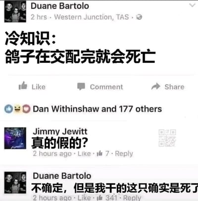 这是一张Facebook社交平台的帖子截图，用户Duane Bartolo发布了一条虚假的冷知识内容“鸽子在交配完就会死亡”，该帖获得了Dan Withinshaw在内的178名用户的点赞。随后用户Jimmy Jewitt在评论区留言询问内容的真实性“真的假的？”，Duane Bartolo回复“不确定，但是我干的这只确实是死了”，将自己伤害鸽子的行为与编造的假冷知识结合，用一本正经的语气制造出荒诞搞笑的效果，属于社交平台上用户自发创作的整活类搞笑互动内容。