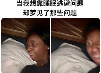这张图用两张模糊的卧床照片配上上方的文字：“当我想靠睡眠逃避问题 却梦见了那些问题”。表达了人们用睡觉来逃避生活压力，但却在梦里还会遇到同样问题的崩溃和无奈感。整个梗图氛围有一种幽默和自嘲，也暗示生活压力逃不开。

无明显谐音梗或暗示，核心是“生活压力梦里也躲不掉”的自嘲。适合用来吐槽无法摆脱烦恼的时候。