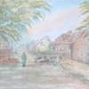 这是一幅手绘风格的乡村风景画，画面中央是一条蜿蜒的小路，两旁分布着茂密的树木和低矮的房屋，远处有模糊的山丘轮廓。整体色调柔和温暖，以暖色系为主，营造出宁静祥和的乡村氛围。画作线条细腻，具有手绘特有的质感，展现了乡村自然景观的恬淡之美。