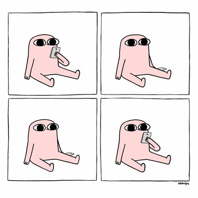 这是由ketnipz创作的四格静态连环漫画，画面主角是一个标志性的粉色大眼卡通小人。第一格中，小人坐着举着手机专注观看；第二格手机不慎掉落在腿上，小人的目光仍追随着手机的方向；第三格小人保持坐姿，手机留在腿上；第四格小人再次将手机拿起，继续盯着手机看。整套漫画用简单的动作循环，精准调侃了当代人普遍存在的手机依赖症，哪怕手机短暂离开手中，也会立刻重新拿起，生动还原了人们离不开手机的日常状态，容易引发当代人的共鸣。