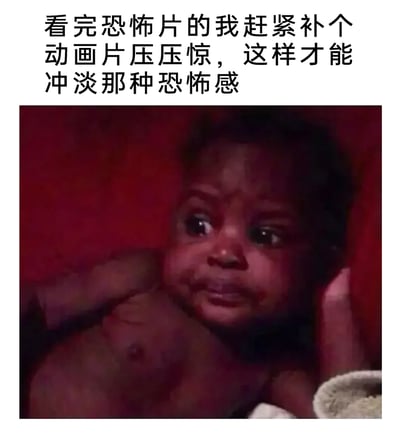 这是一张图文结合的搞笑表情包，上方配文描述了人们看完恐怖片后试图通过观看轻松的动画片来平复恐惧心情的行为，下方则是经典恐怖片《驱魔人》中被恶魔附身的婴儿截图，该婴儿眼神惊恐、面部带有泪痕，神情崩溃恐惧，与配文形成强烈反差，精准调侃了很多人看完恐怖片后，即使试图用轻松内容缓解，也依然被恐惧情绪笼罩，甚至可能因为心理作用而变得更加敏感害怕的真实又好笑的状态，戳中了大众看完恐怖片后的“后遗症”心理。