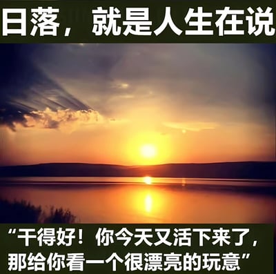 图片展示了一幅美丽的日落景象，太阳低垂在地平线上，金色的阳光洒满天空和湖面，形成清晰的倒影。图片上方有白色文字“日落，就是人生在说”，下方有白色文字“‘干得好！你今天又活下来了，那给你看一个很漂亮的玩意’”。整体通过自然景观与文字结合，传递出一种温暖治愈的励志情绪，将日落比喻为人生对努力度过一天的奖励。