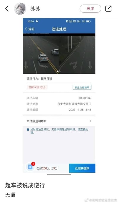 这是一则车主对交通违章判定的吐槽内容：用户苏苏在社交平台发布了自己车辆的违章处理界面截图，界面显示车牌号为鄂LD11B9的车辆被判定为“逆向行驶”，需罚款200元并记3分，违章地点为永安大道与旗鼓大道交叉口，时间为2023年11月25日16:45。但苏苏配文表示自己当时是超车并非逆行，对该判定感到无语和不满。