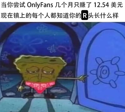 这是一张幽默梗图，上方配有文字“当你尝试 OnlyFans 几个月只赚了 12.54 美元 现在镇上的每个人都知道你的R头长什么样”，下方是《海绵宝宝》动画截图，画面中海绵宝宝表情沮丧地站在门口，似乎在表达一种得不偿失的尴尬处境。