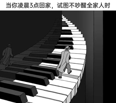 这是一张黑白卡通风格的创意幽默漫画，画面将日常的楼梯替换成了会发出声响的巨大钢琴琴键，两个身着风衣、头戴礼帽的卡通人物正蹑手蹑脚地行走在琴键上，仿佛每一步都要避免触发琴键发出声音。图片顶部配文“当你凌晨3点回家，试图不吵醒全家人时”，用钢琴键的特性巧妙比喻深夜回家时，人们小心翼翼生怕弄出动静吵醒家人的窘迫与谨慎，精准还原了这种生活场景下的微妙心情，充满创意与趣味性。