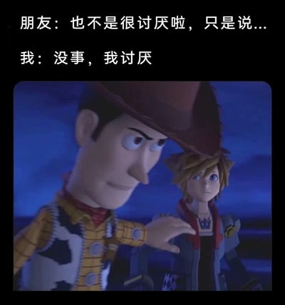 这是一张改编自游戏联动场景的搞笑梗图，上方配文模拟了日常社交中的对话：朋友用委婉的语气掩饰对某人或某事的不满，而“我”则直截了当地替朋友说出“讨厌”的真实情绪。图中使用了《玩具总动员》的胡迪与《王国之心3》的索拉的联动画面，胡迪严肃的表情和搭在索拉肩膀上的动作，完美对应“我”替朋友发声的直球状态，索拉低落纠结的神情则贴合朋友委婉纠结的心态，通过跨IP角色的画面与现实社交对话的结合，生动展现了社交中直球发言替人出头的反差感，十分贴合日常社交里的真实场景。