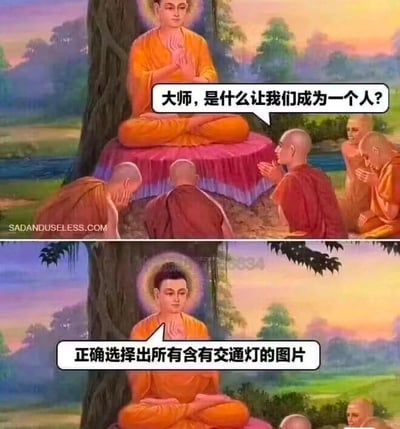 这是一张上下分栏的连环梗图，上半部分呈现的是几位僧人围坐在树下的佛陀模样的大师面前，其中一位僧人双手合十，带着对人生本质的期待提问：“大师，是什么让我们成为一个人？”；下半部分则是大师给出的回应，却是一句充满现代感的人机验证指令：“正确选择出所有含有交通灯的图片”。用严肃的宗教场景搭配荒诞的现代验证题目，形成强烈反差，制造出无厘头的搞笑效果，调侃了当下随处可见的人机验证对生活的渗透。
