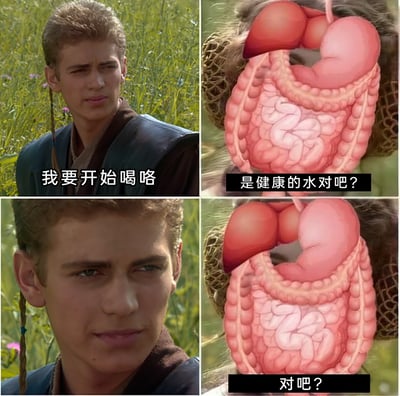 这是一张由四格画面组成的搞笑连环梗图，左上画面是《星球大战》系列中的角色阿纳金·天行者，配文“我要开始喝咯”；右上画面是拟人化展示的人体内脏器官（包含肝脏、胃、大小肠等消化系统器官），配文“是健康的水对吧？”；左下画面是阿纳金露出心虚、略带狡黠的表情；右下画面是内脏器官再次追问“对吧？”。该梗图通过这种对话形式，生动调侃了当代人嘴上说要喝健康的水，实际却选择奶茶、碳酸饮料等不健康饮品时，身体内脏的担忧和自己的心虚状态，内容贴近日常，容易引发共鸣。