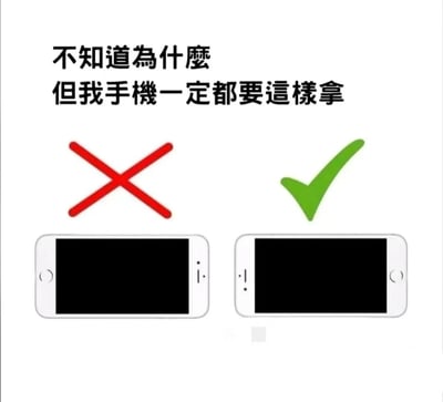 图片上方有黑色文字'不知道为什么 但我手机一定都要这样拿'，下方左右各有一个智能手机简笔画。左侧手机上方标注红色叉号，右侧手机上方标注绿色对勾，通过对比形式直观展示对手机特定握持方式的坚持偏好。