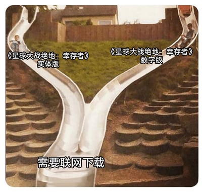 这是一张针对游戏《星球大战绝地：幸存者》的吐槽梗图，以户外Y型双滑梯为载体，左侧滑梯标注为该游戏的实体版，右侧滑梯标注为数字版，两个滑道最终汇合到同一出口，出口处标注“需要联网下载”。该图用视觉化的方式讽刺了游戏发售时，无论玩家购买实体版还是数字版，都需要进行联网下载的情况，表达了玩家对这种不合理设置的不满与调侃。