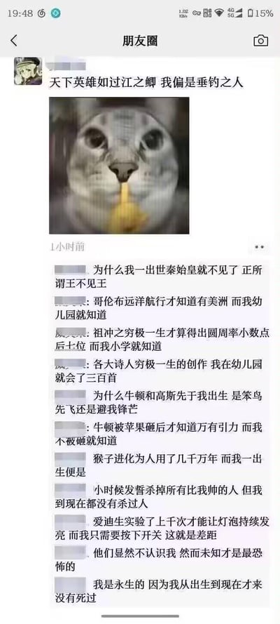 这是一张微信朋友圈的截图，发布者配文“天下英雄如过江之鲫 我偏是垂钓之人”，并搭配了一张嘴里叼着食物、表情淡定的猫咪表情包。下方评论区是一系列反向凡尔赛式的吹牛内容，通过将自己的日常常识认知与历史名人的毕生成就进行对比，制造荒诞搞笑的反差感，比如“祖冲之穷极一生才算得出圆周率小数点后七位 而我小学就知道”“爱迪生实验了上千次才能让灯泡持续发亮 而我只需要按下开关 这就是差距”等，用夸张的逻辑调侃自己“比名人厉害”，充满戏谑的幽默感。