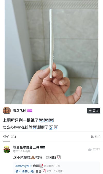 这张图为图文结合的社交媒体截图，上半部分是实拍画面：背景为卫生间，可见浅色瓷砖墙面和马桶一角，一只手举着一根被卷成细棍状的纸巾；下半部分是论坛帖子内容，楼主“青鸟飞过”发帖称自己上厕所只剩这一根纸，腿已经麻了，在线求助解决方法，高赞热评来自网友“灰星星球白金上将”，调侃这根纸棍刚好可以当搅屎棍，还有其他网友在评论区留言表示要和这条神评论合影，整体内容搞笑戏谑，充满网络玩梗的趣味。