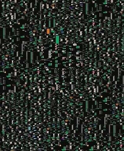 这是一张充满科技感的抽象背景图，整体以纯黑色为底色，布满了密集排列的细小矩形色块。这些色块主要以绿色为主色调，间杂少量白色、黑色、橙色和粉色等颜色，呈现出类似计算机代码流或数字雨的视觉效果，让人联想到电影《黑客帝国》中的经典数字雨场景。色块大小不一，排列看似随机却形成了整体流动的视觉韵律，营造出强烈的科技氛围和未来感。