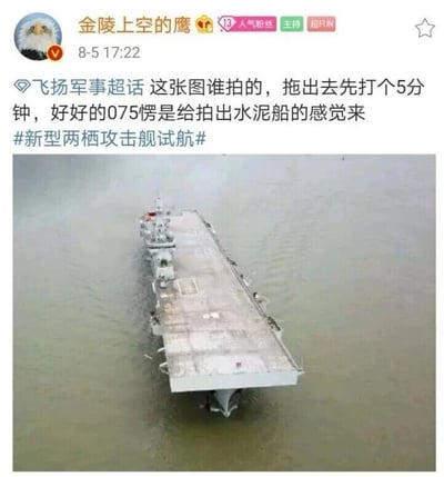 这是一张来自微博平台的社交媒体截图，发布者为用户“金陵上空的鹰”，发布时间为8月5日17:22，该用户拥有“人气粉丝”“主持”“超FUN”的标识。内容关联“飞扬军事”超话，配文以幽默吐槽的语气调侃拍摄者，称“这张图谁拍的，拖出去先打个5分钟，好好的075愣是给拍出水泥船的感觉来”，并附带话题“#新型两栖攻击舰试航#”。截图下方的实拍图展示了一艘075型两栖攻击舰在水面航行的画面，由于拍摄角度和画面色调的原因，舰艇的甲板与舰体呈现出灰暗朴素的视觉效果，确实类似水泥材质的观感，这也是发布者吐槽的核心点。这类内容常见于军事爱好者社群，是对装备实拍画面效果的趣味调侃。