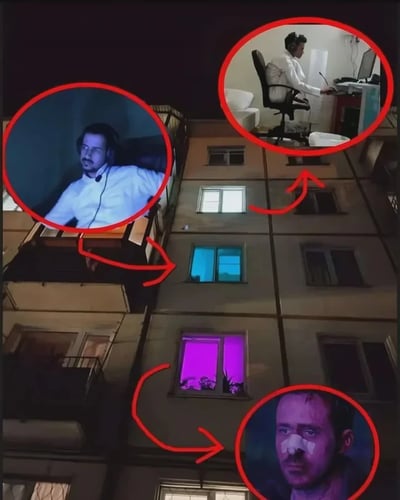 这是一张经过P图改编的静态创意图，以一栋多层建筑的外立面为背景，通过红色圆圈和箭头将不同楼层的窗户与对应的打工人状态一一关联：最上方的窗户对应戴着耳机、正专注坐在电脑前办公的打工人，呈现出工作进行时的状态；中间偏左的窗户对应瘫靠在椅背上、神情倦怠的打工人，表现出工作过程中疲惫不堪的模样；最下方的窗户对应脸上贴着创可贴、神情憔悴的打工人，隐喻长期高压工作对打工人身体和精神造成的损耗。整幅图用楼层的递进关系，暗喻打工人在职场中逐渐被工作消耗的过程，是对当下加班文化、职场高压环境的生动吐槽，容易引发广大职场群体的共鸣。