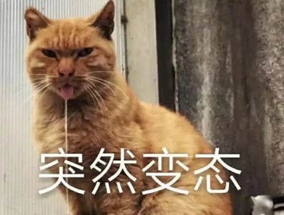 图片中是一只橘色的猫，它正吐着舌头，嘴角有口水滴落，表情看起来有些凶狠又带着滑稽。猫的下方有白色文字'突然变态'，通过猫咪略显怪异的表情与文字结合，营造出一种幽默搞笑的效果，常被用作表达突然做出反常或搞笑行为的场景。